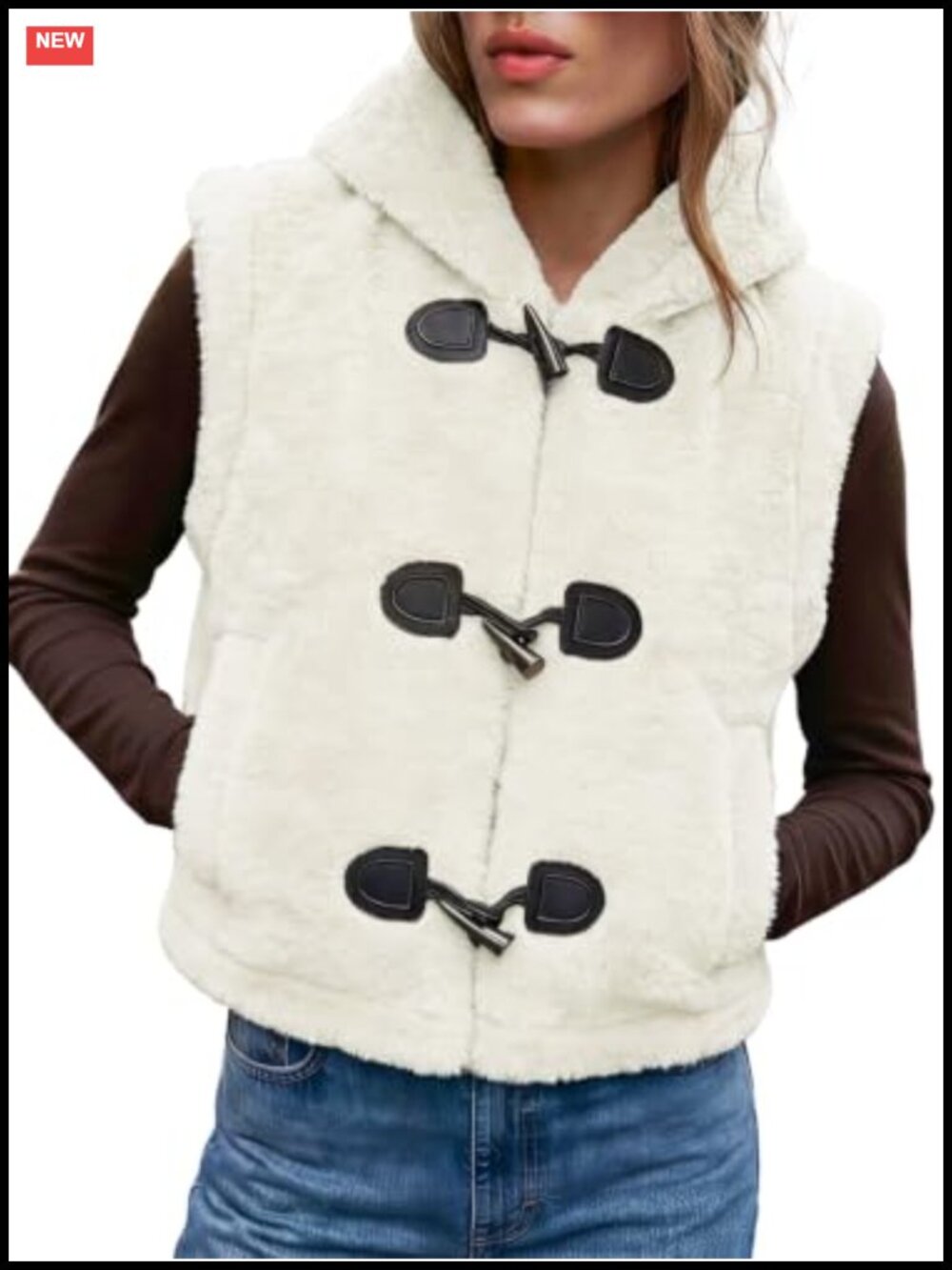 Sherpa Fleece Hooded Vest Sleeveless Cardigan Toggle Button Pockets